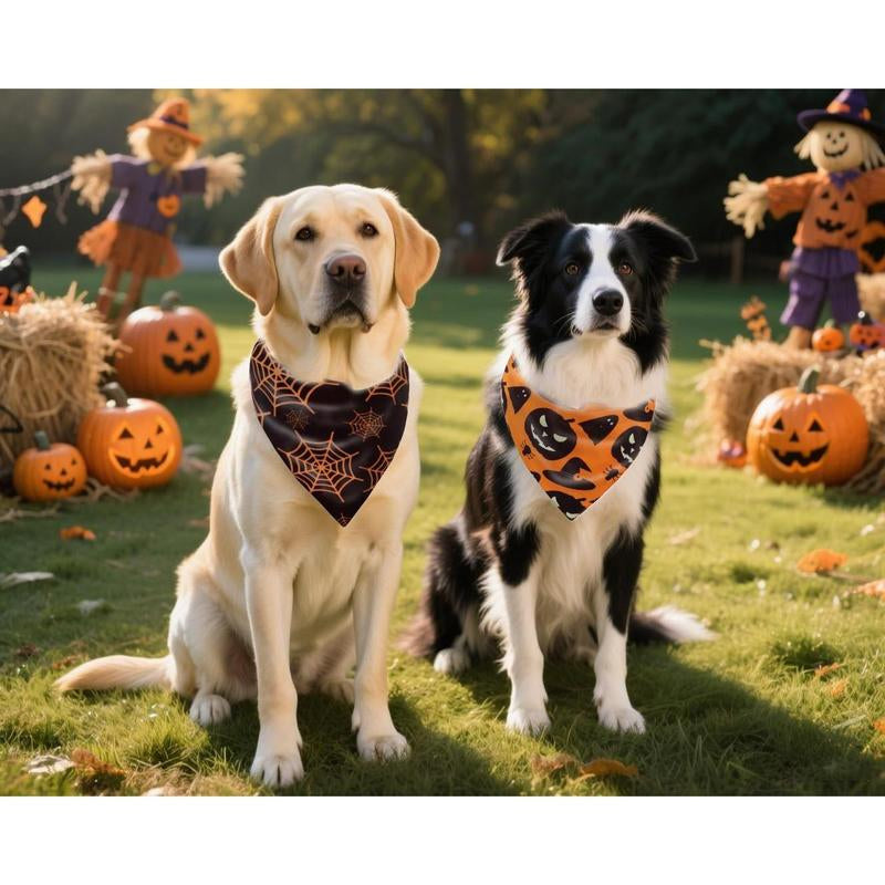 2PCS Fall Dog Bandanas,Halloween Dog Bandanas,One Side Orange Plaid,The Other Side Pumpkin or Spider Web Bibs,Holiday Pet Scarf for Boy and Girl Dogs,Thanksgiving Pet Outfit for Medium to Large Dogs