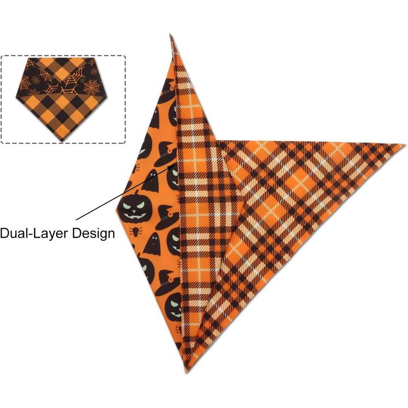 2PCS Fall Dog Bandanas,Halloween Dog Bandanas,One Side Orange Plaid,The Other Side Pumpkin or Spider Web Bibs,Holiday Pet Scarf for Boy and Girl Dogs,Thanksgiving Pet Outfit for Medium to Large Dogs