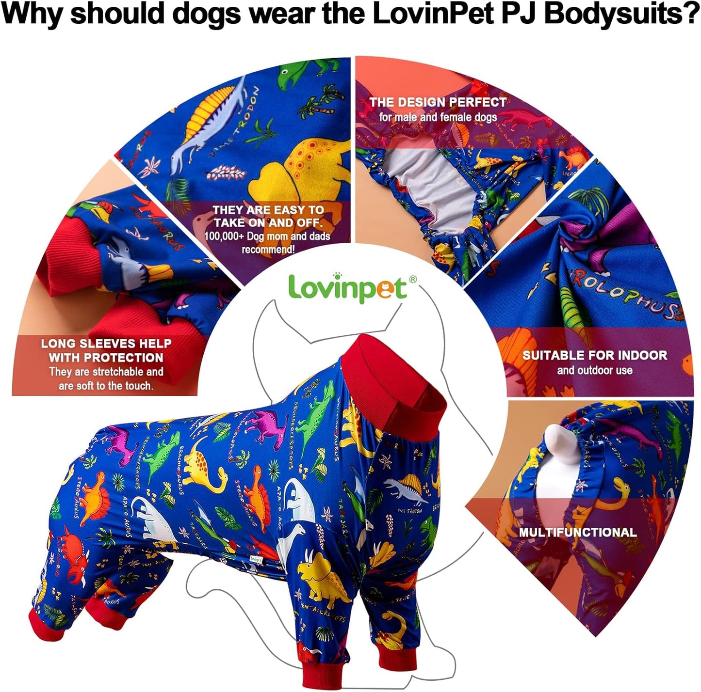 Pitbull Large Dog Clothes, Wound Care/Post Surgery Dog Clothes, Lost World Dinosaurs Print, UV Protection, Pet Anxiety Relief, Large Dog Onesies, Pet Pj'S/L