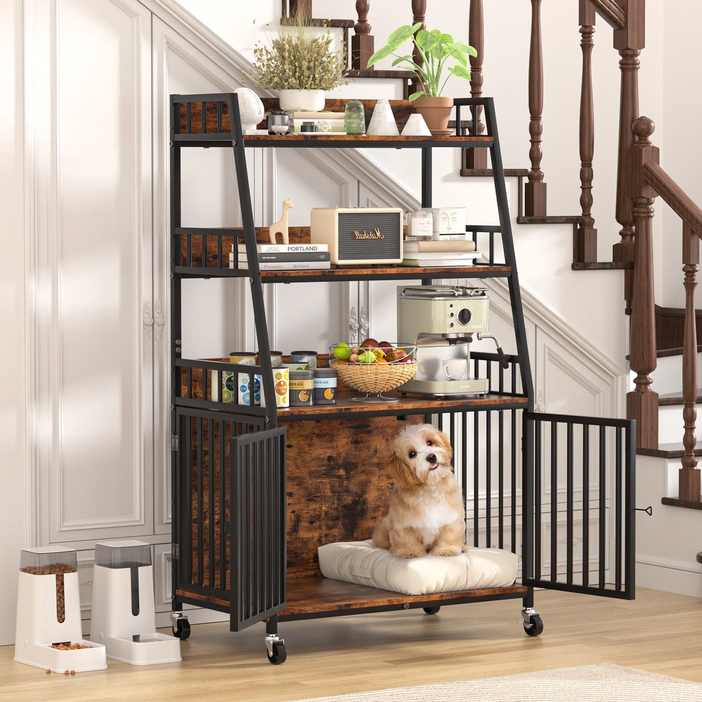 Wooden Dog Crate Furniture with Storage Shelves,Heavy Duty Dog Kennels for inside with 2 Door Wheeled & 3-Layer for Small Medium Dogs,29.1"L X 18.9"W X 55.1"H