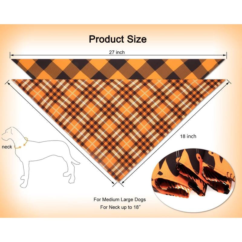 2PCS Fall Dog Bandanas,Halloween Dog Bandanas,One Side Orange Plaid,The Other Side Pumpkin or Spider Web Bibs,Holiday Pet Scarf for Boy and Girl Dogs,Thanksgiving Pet Outfit for Medium to Large Dogs
