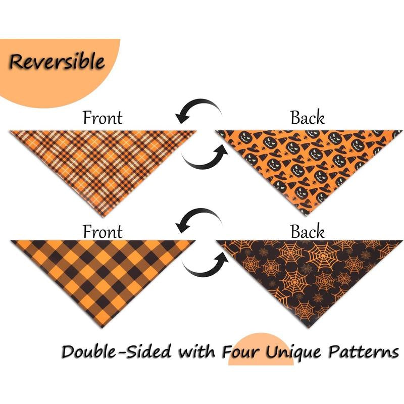2PCS Fall Dog Bandanas,Halloween Dog Bandanas,One Side Orange Plaid,The Other Side Pumpkin or Spider Web Bibs,Holiday Pet Scarf for Boy and Girl Dogs,Thanksgiving Pet Outfit for Medium to Large Dogs