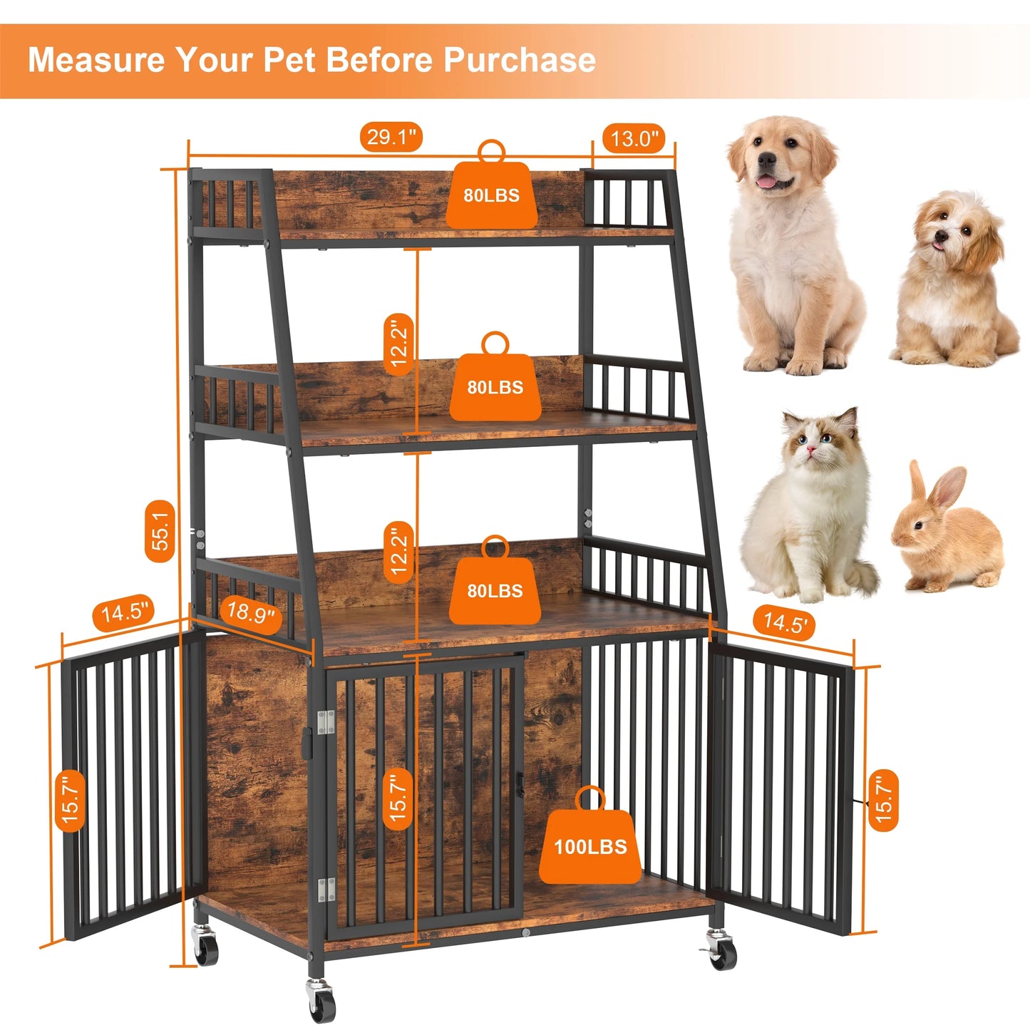 Wooden Dog Crate Furniture with Storage Shelves,Heavy Duty Dog Kennels for inside with 2 Door Wheeled & 3-Layer for Small Medium Dogs,29.1"L X 18.9"W X 55.1"H