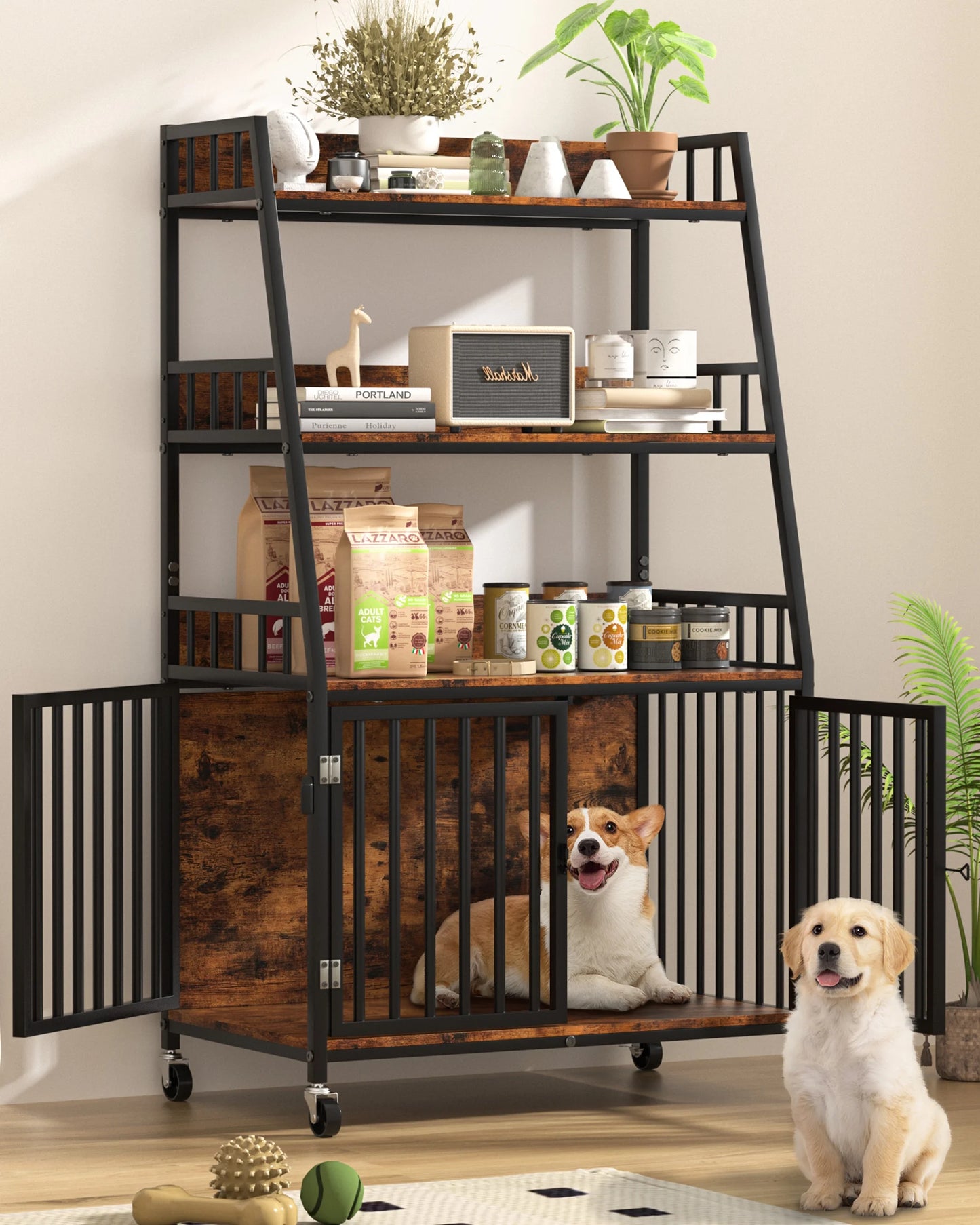 Wooden Dog Crate Furniture with Storage Shelves,Heavy Duty Dog Kennels for inside with 2 Door Wheeled & 3-Layer for Small Medium Dogs,29.1"L X 18.9"W X 55.1"H