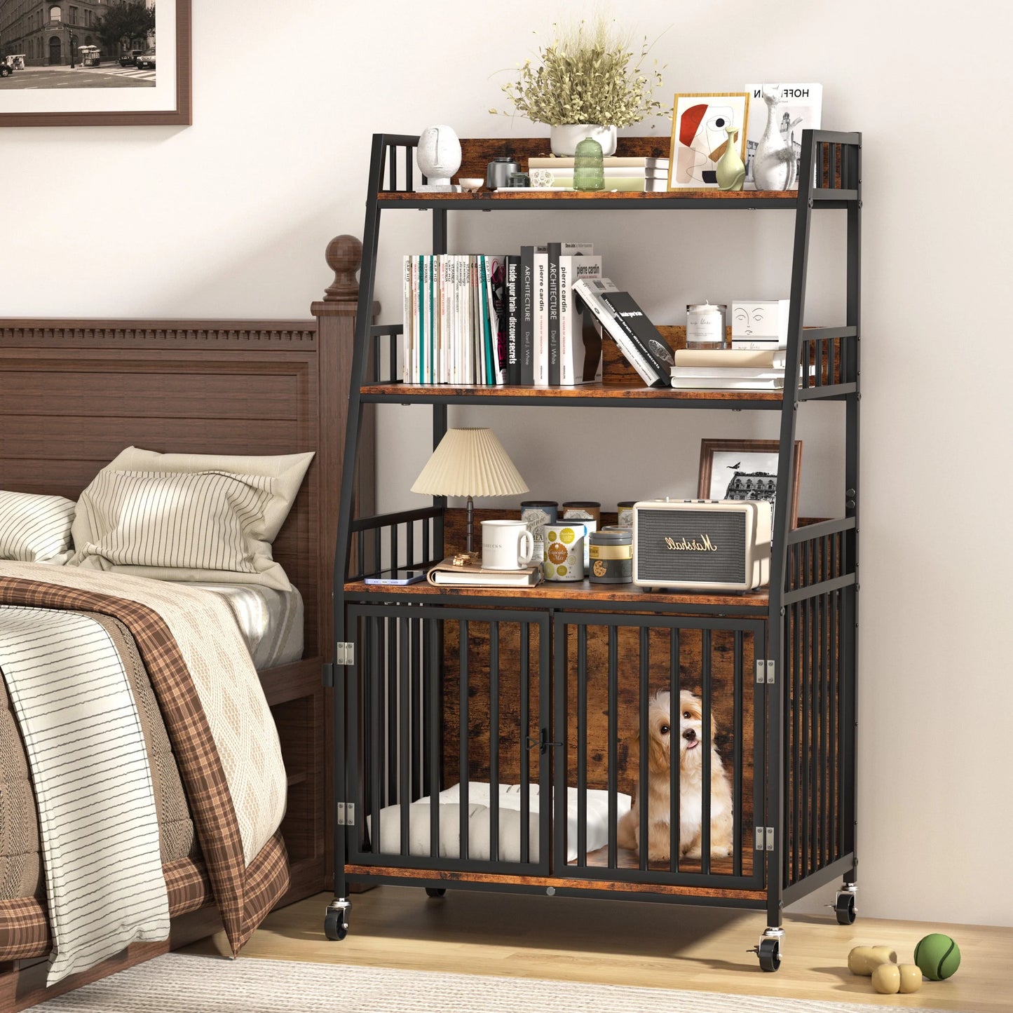 Wooden Dog Crate Furniture with Storage Shelves,Heavy Duty Dog Kennels for inside with 2 Door Wheeled & 3-Layer for Small Medium Dogs,29.1"L X 18.9"W X 55.1"H