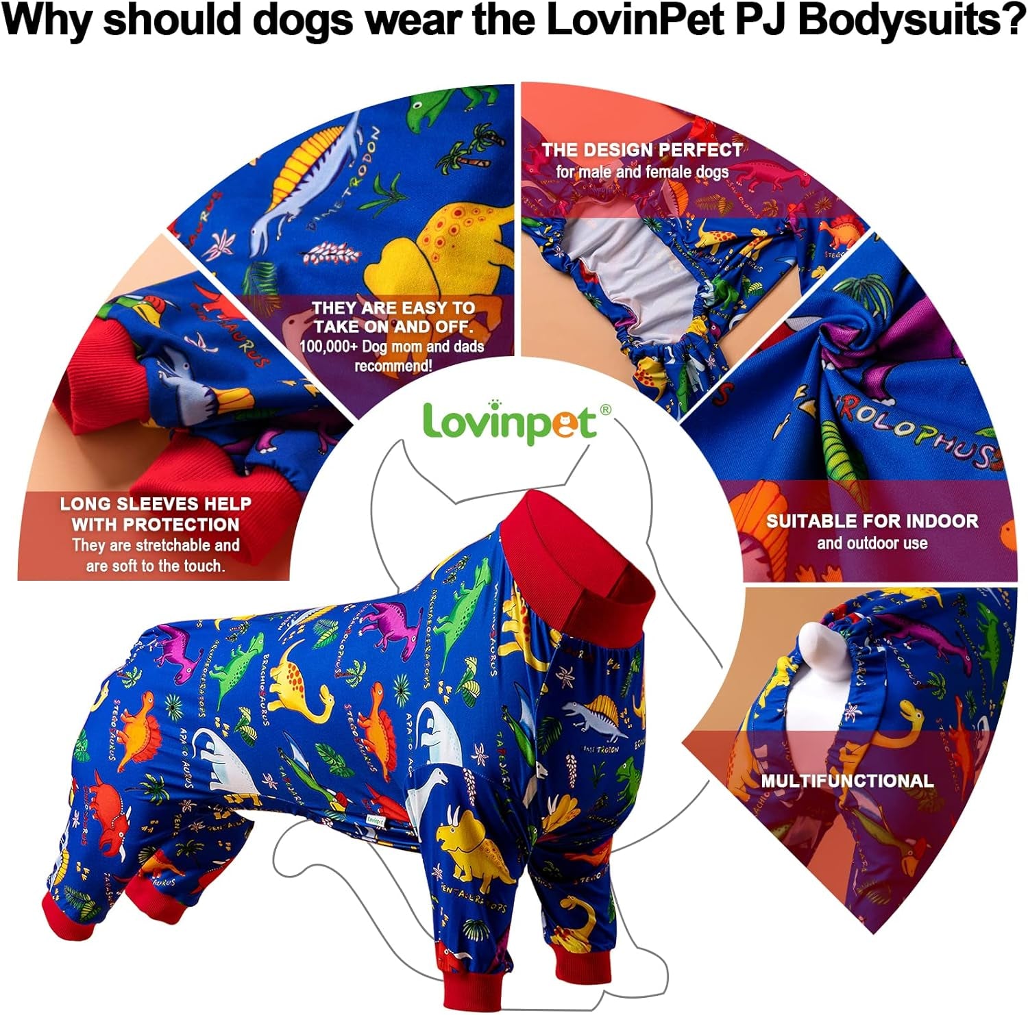 Pitbull Large Dog Clothes, Wound Care/Post Surgery Dog Clothes, Lost World Dinosaurs Print, UV Protection, Pet Anxiety Relief, Large Dog Onesies, Pet Pj'S/L
