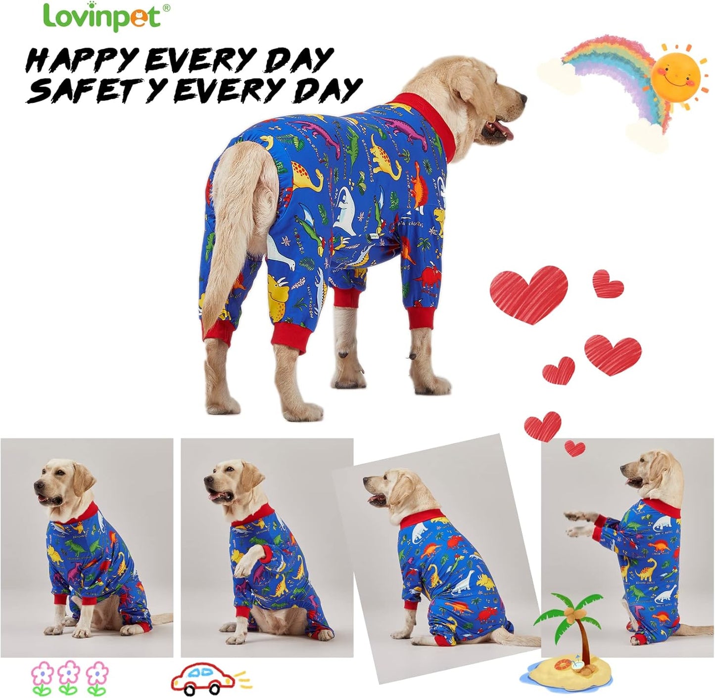 Pitbull Large Dog Clothes, Wound Care/Post Surgery Dog Clothes, Lost World Dinosaurs Print, UV Protection, Pet Anxiety Relief, Large Dog Onesies, Pet Pj'S/L