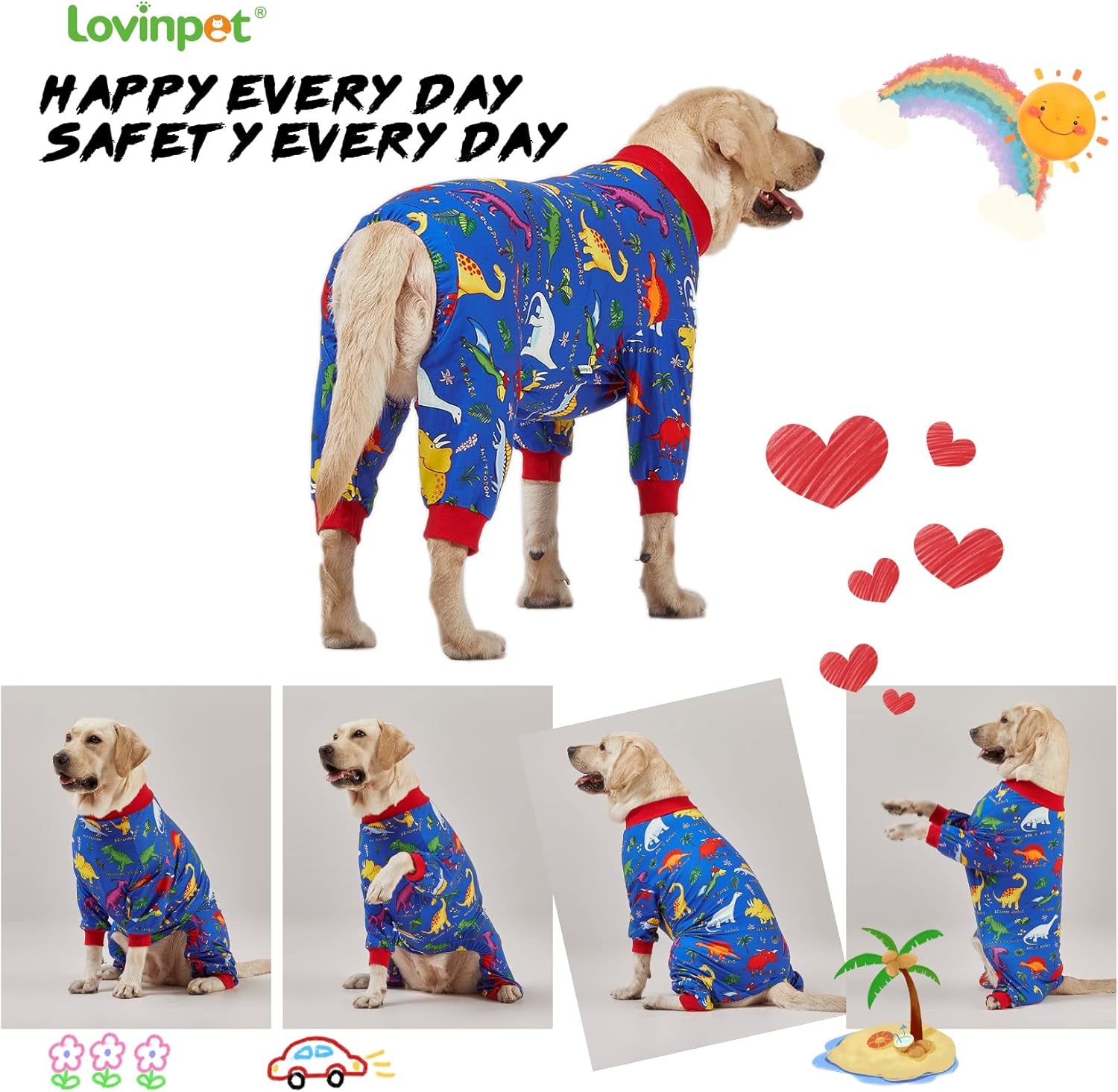Pitbull Large Dog Clothes, Wound Care/Post Surgery Dog Clothes, Lost World Dinosaurs Print, UV Protection, Pet Anxiety Relief, Large Dog Onesies, Pet Pj'S/L